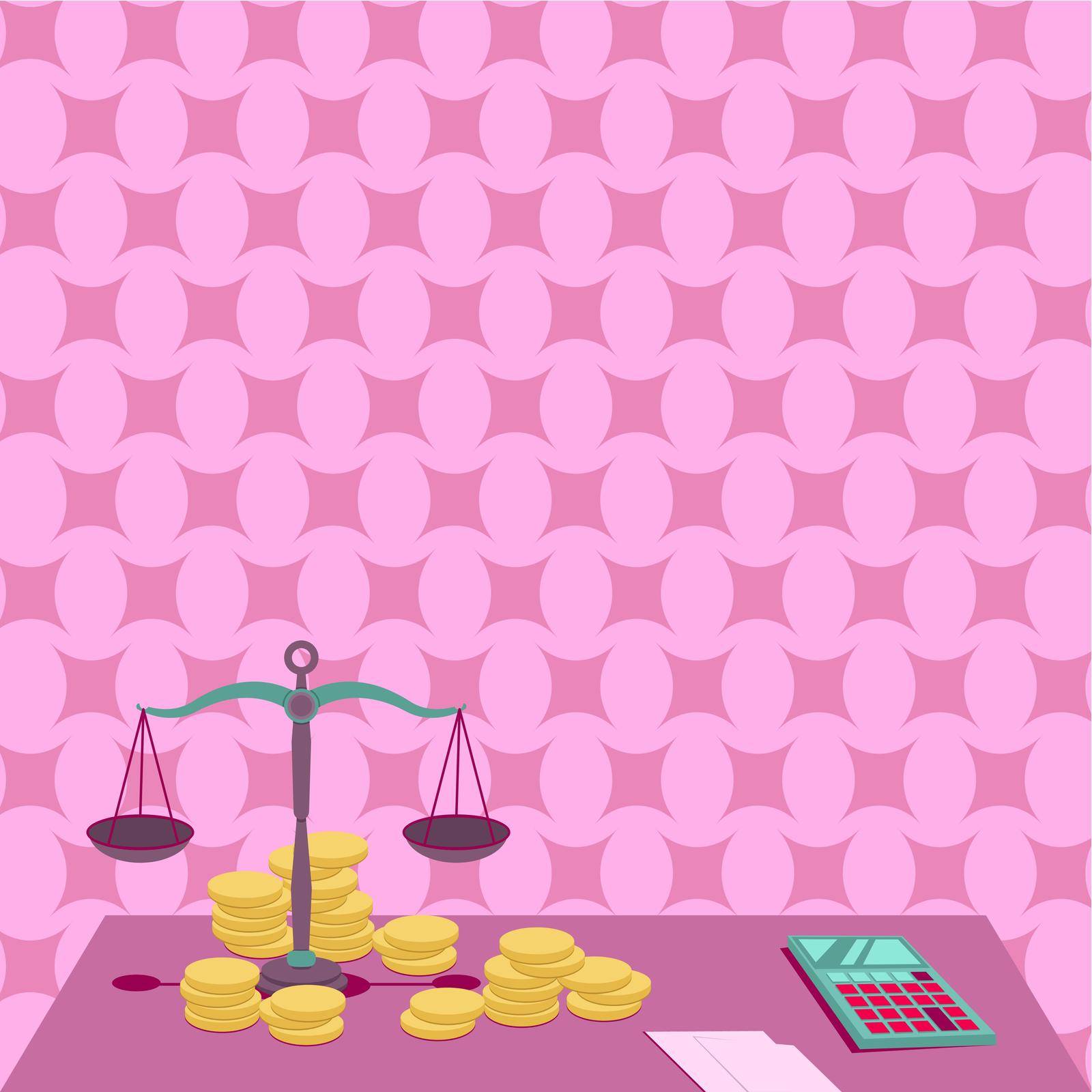 Balance Scale Surrounded By Coins Calculator Counting Financial Mortgages.