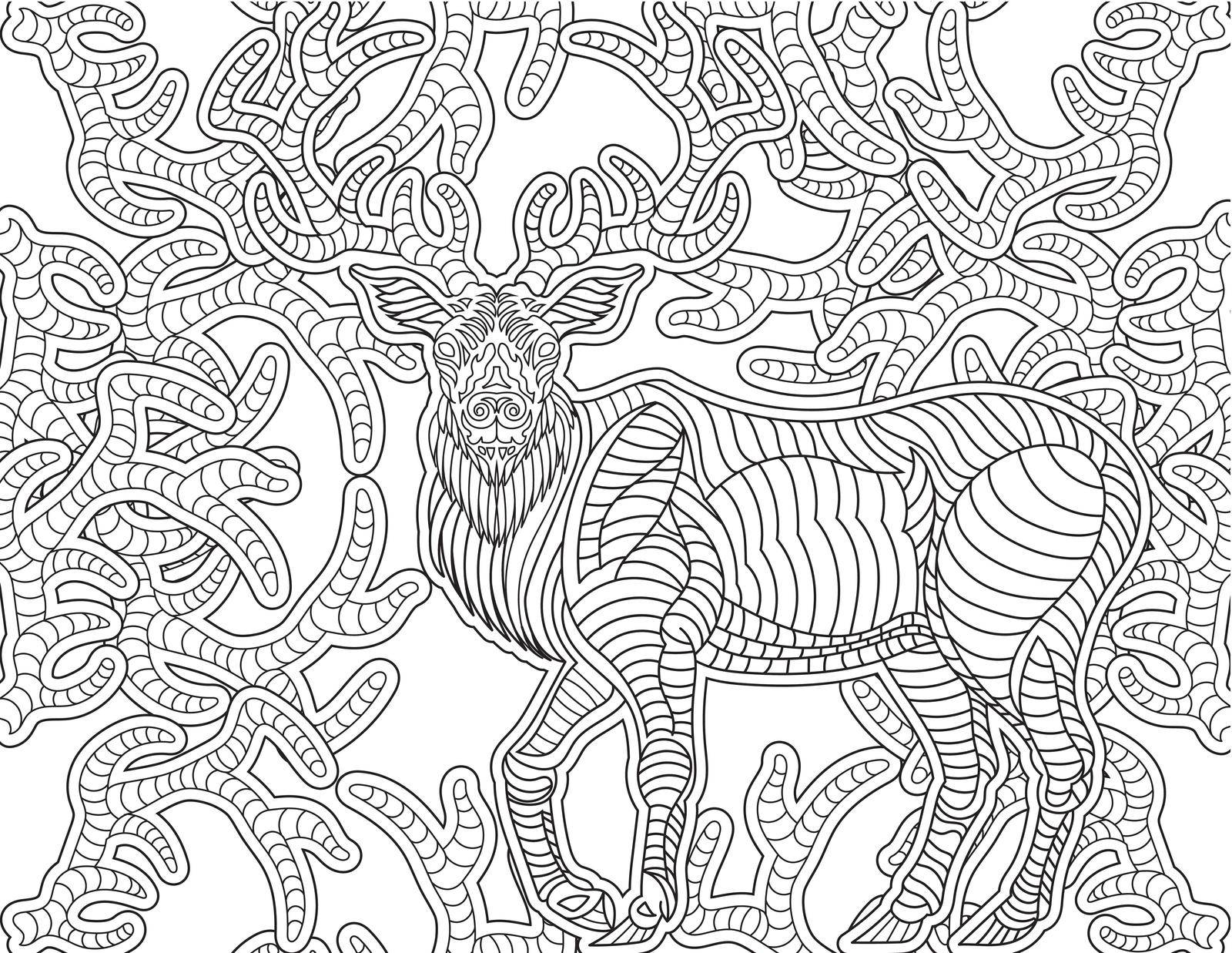 Deer Line Drawing With Long Horns Growing Around It Coloring Book