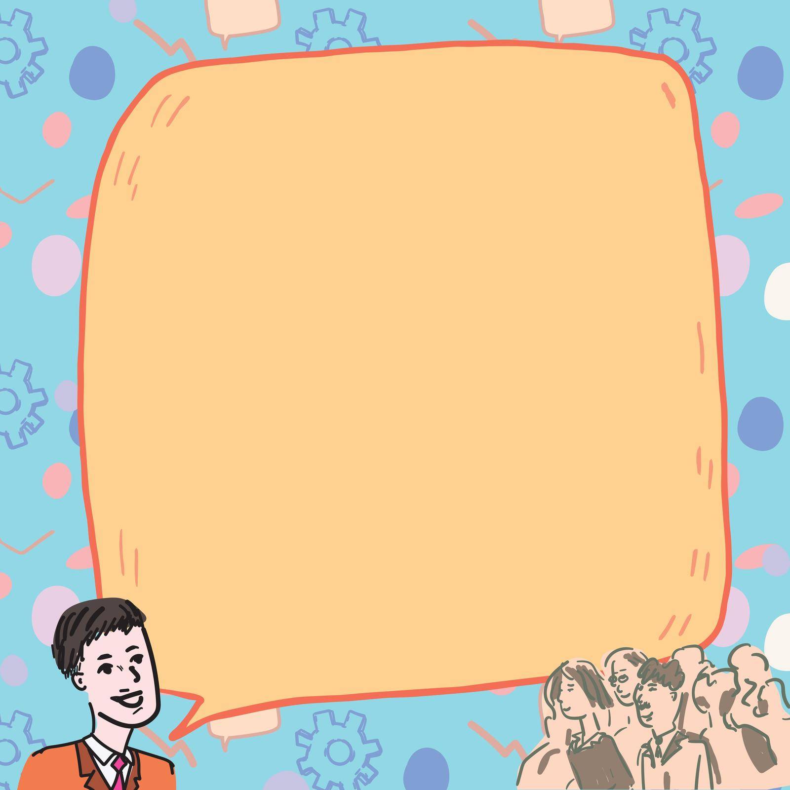 Businessman With Large Speech Bubble Talking To Crowd Presenting New Ideas. School Teacher With Plain Bubble Having Lecture To Students Recent Studies. by nialowwa