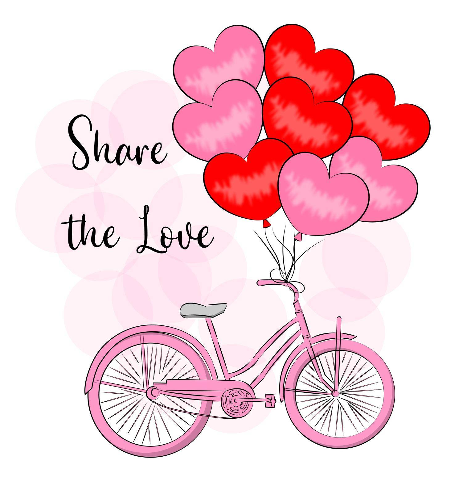Bicycle with heart-shaped balloons Valentine's Day card Share Love Textile print T-shirt gift wrapping Vector illustration