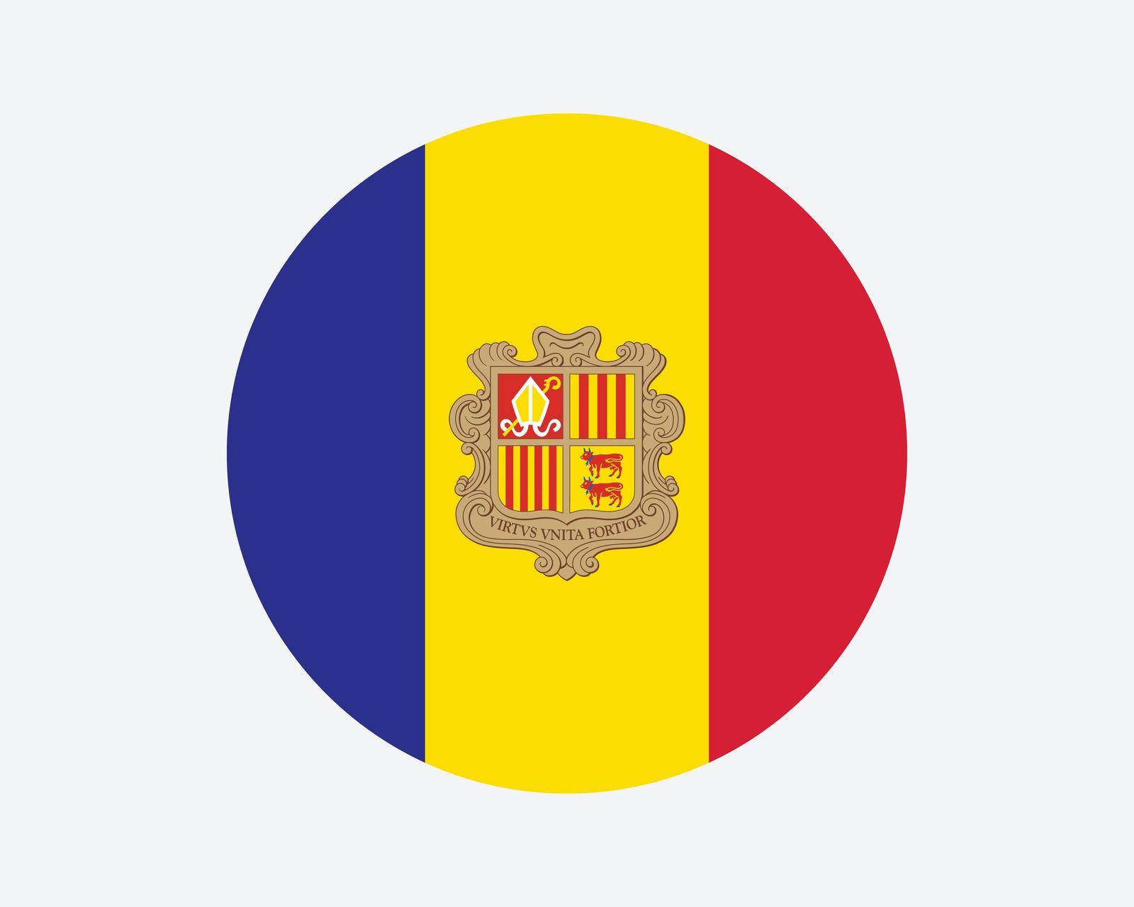 Andorra Round Country Flag. Circular Andorran National Flag. Principality of Andorra Circle Shape Button Banner. EPS Vector Illustration.