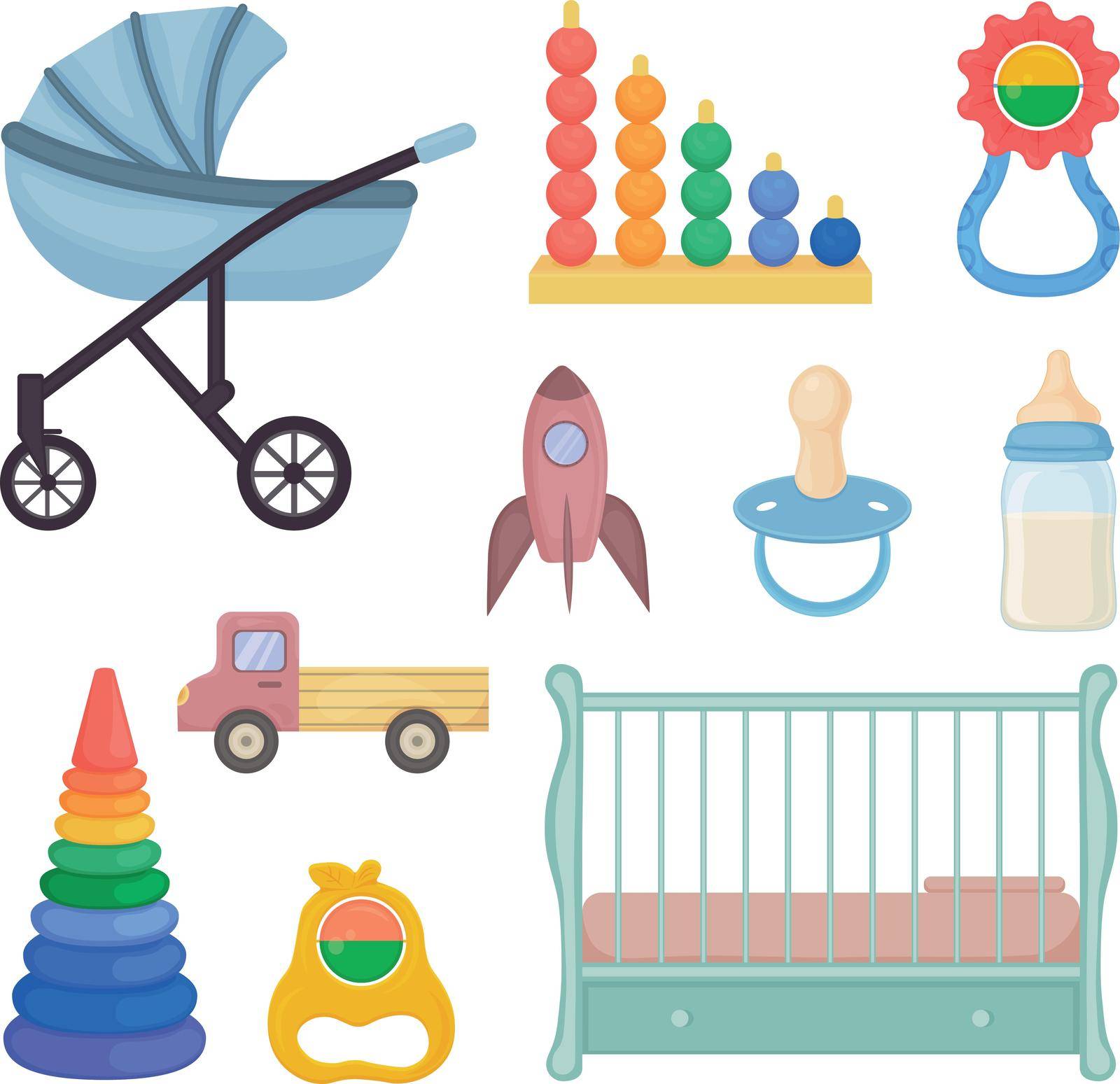 A set of baby accessories, such as a stroller, a rattle, a crib, a pacifier, a bottle and also children s toys. Collection of children s accessories. Vector illustration.
