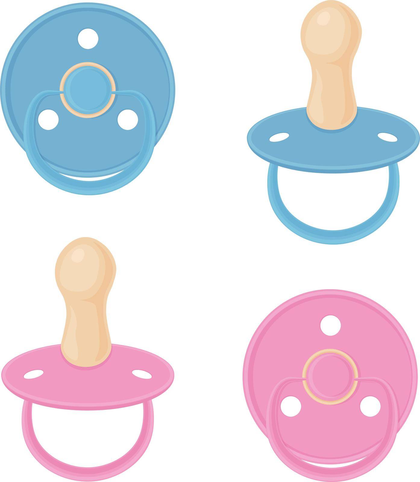 A set consisting of baby pacifiers in blue and pink colors. Collection of nipples.Baby nipples, side view and bottom view. Vector illustration isolated on a white background.
