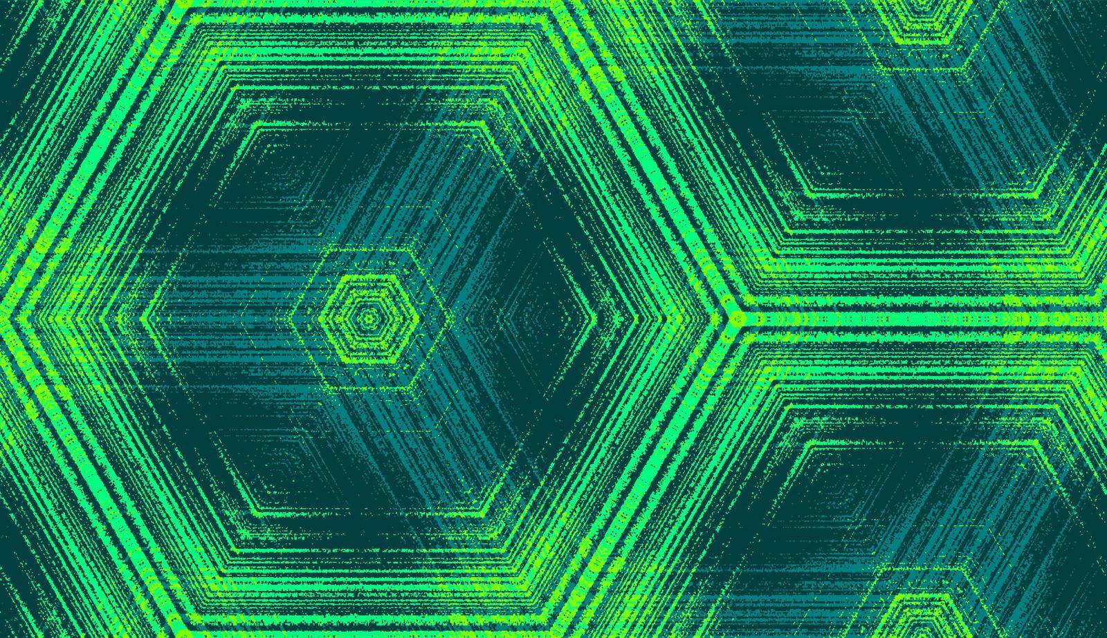 Symmetric abstract geometric ornament for wallpaper background design, textile printing, wrapping. Seamless hexagon concentric textured pattern in emerald, teal, lime green colors.