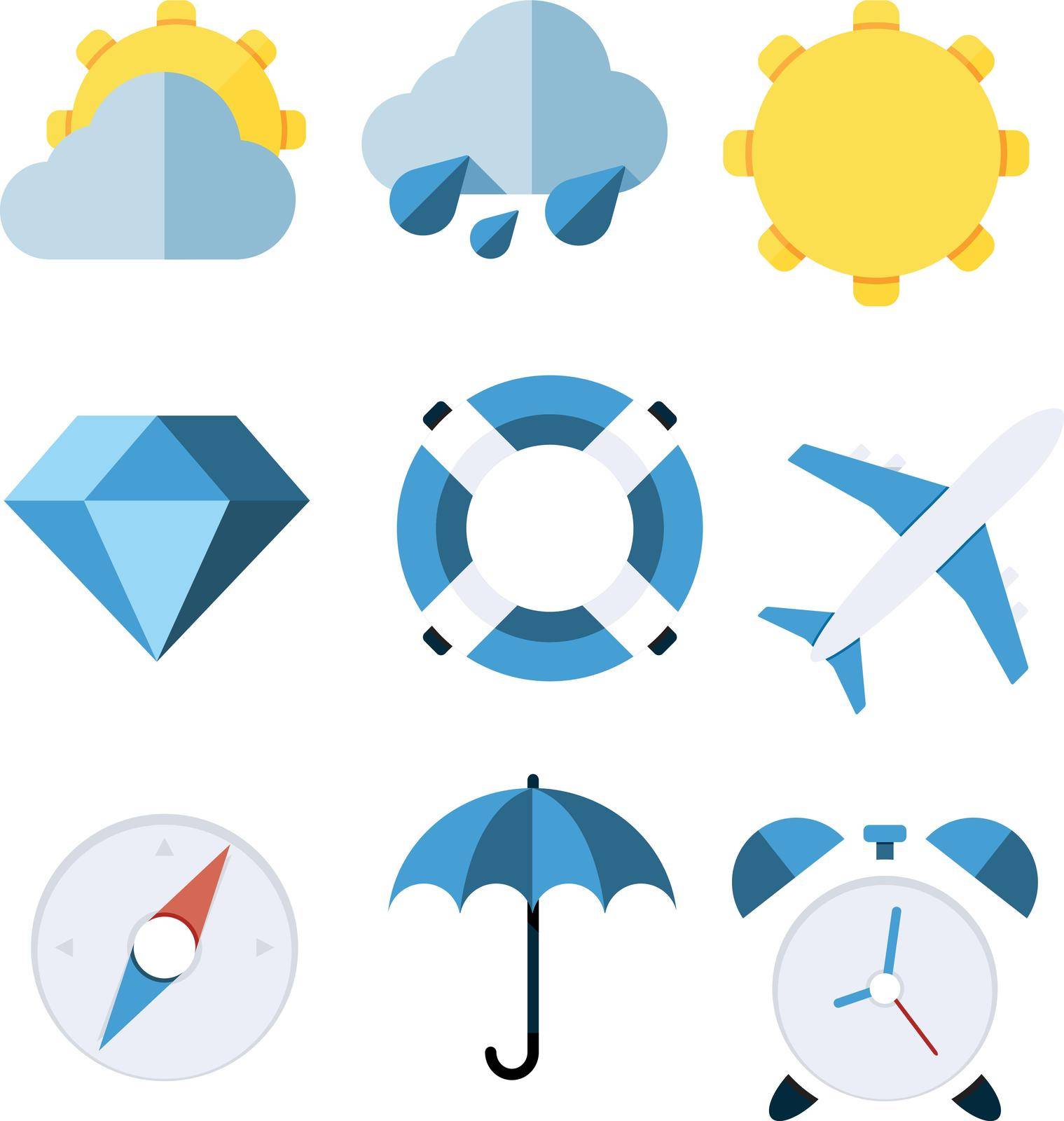 set of summer travel and weather icons in blue color