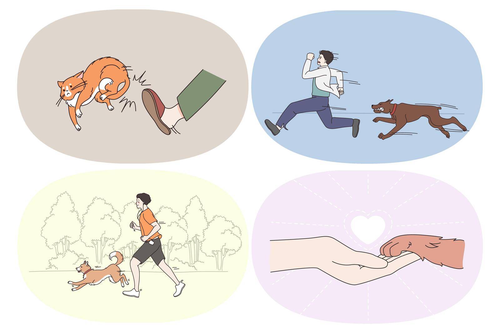 Different emotions to pets concept. Set of girls and boys running in park together with dog or running away with fears getting out cat with kick and making friend with pets vector illustration
