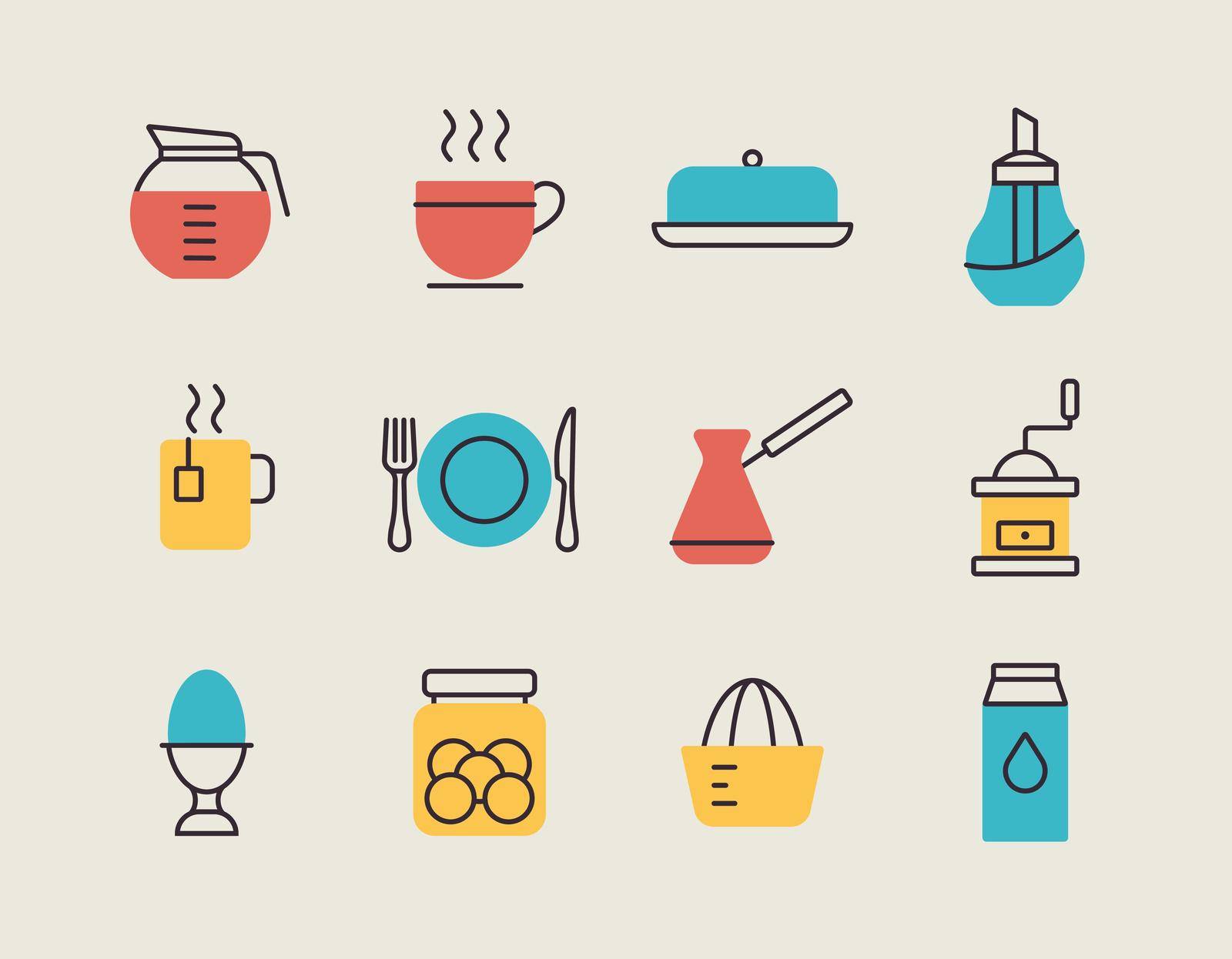 Breakfast and kitchen vector color flat icon set. Graph symbol for cooking web site and apps design, logo, app, UI