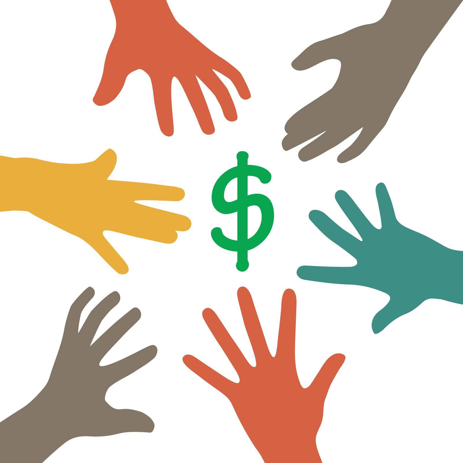 hands reaching out to grab dollars, get money. vectro illustration by eveleen