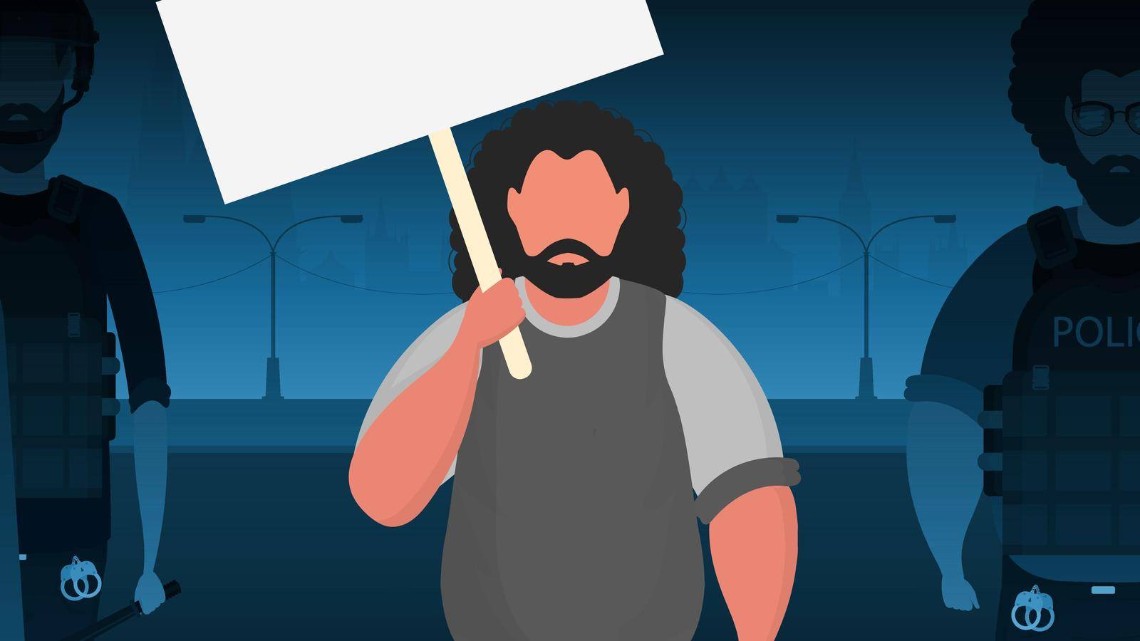 A man with an empty banner in his hands against the backdrop of the city. Protest concept. Cartoon style. Vector illustration.