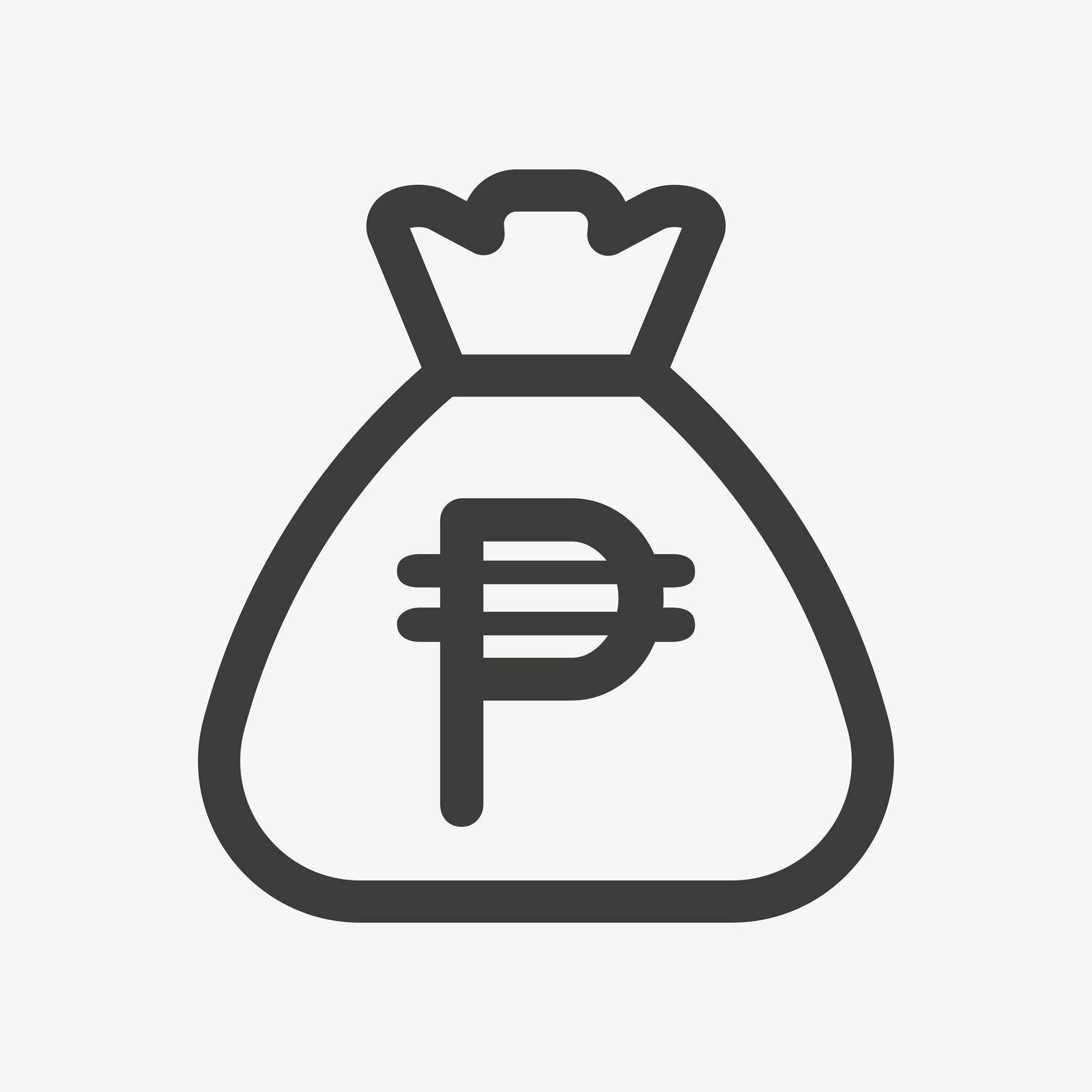 Philippine peso icon. Sack with cash isolated on white background. Money bag outline icon vector pictogram. Philippine currency symbol.