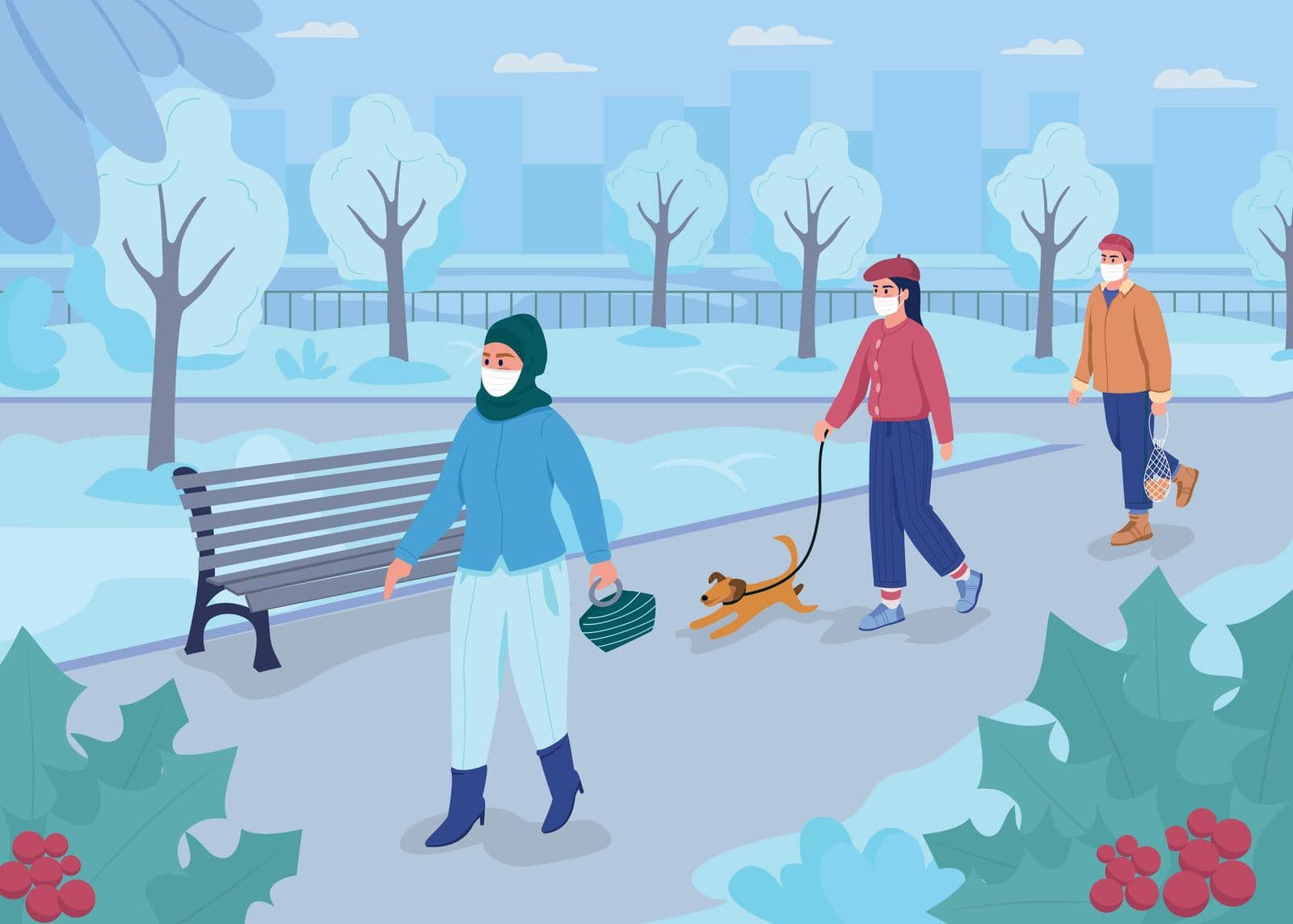 Walk in winter park in pandemic flat color vector illustration. Social distancing during wintertime. City at Christmas. People in face masks 2D cartoon characters with landscape on background