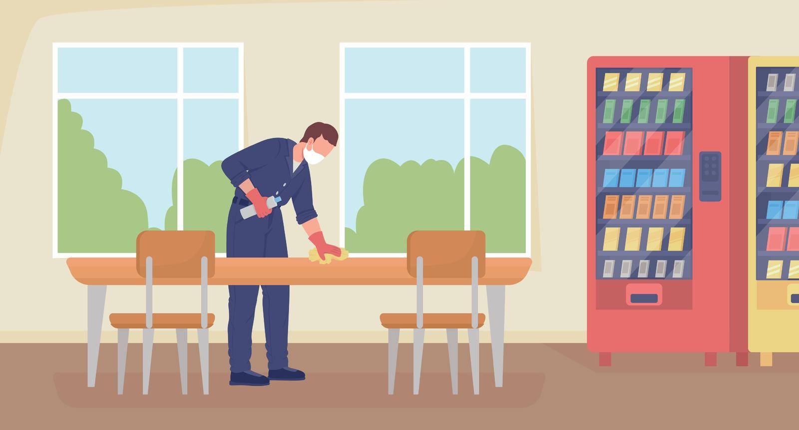 Cleaning cafeteria flat color vector illustration. Disinfecting desk and tables for lunch. Cleanup work. Cleaner in uniform 2D cartoon character with school hallway interior on background