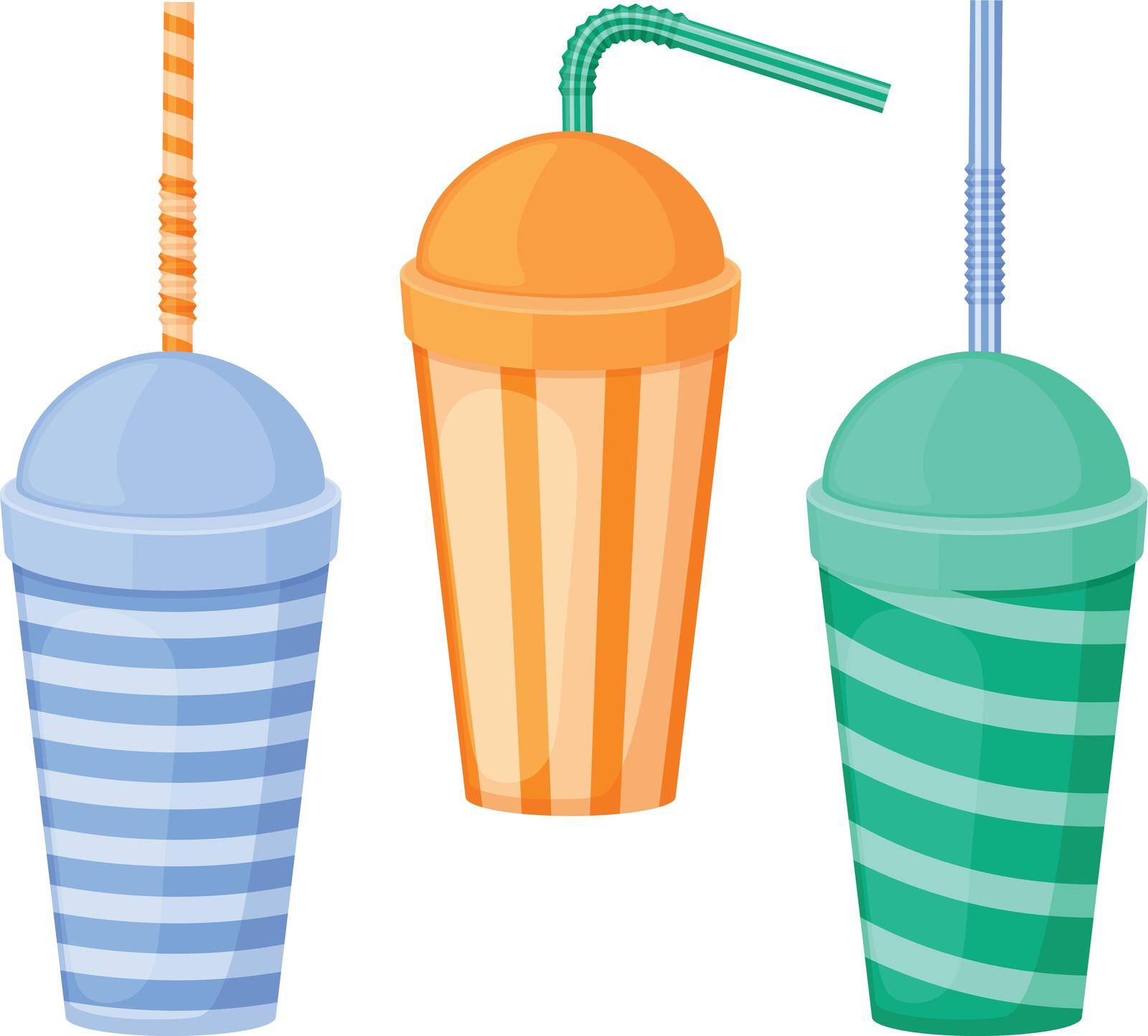 A paper cup. A set of paper cups with a straw. Plastic cups for fast food. A cup for drinks of different colors with a straw. Vector illustration isolated on a white background.