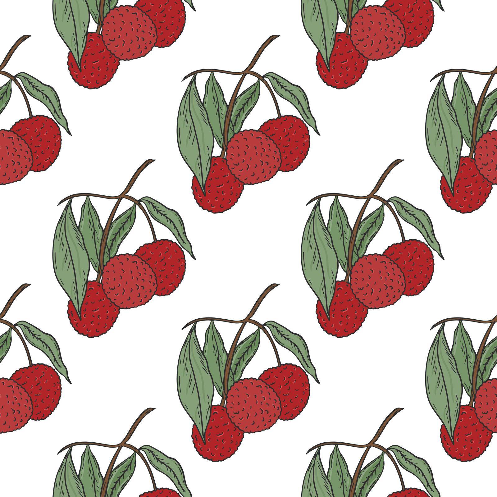 Lychee fruit on twig seamless pattern. Background with exotic,tropical fruits. Template for wallpaper, fabric and packaging, vector illustration