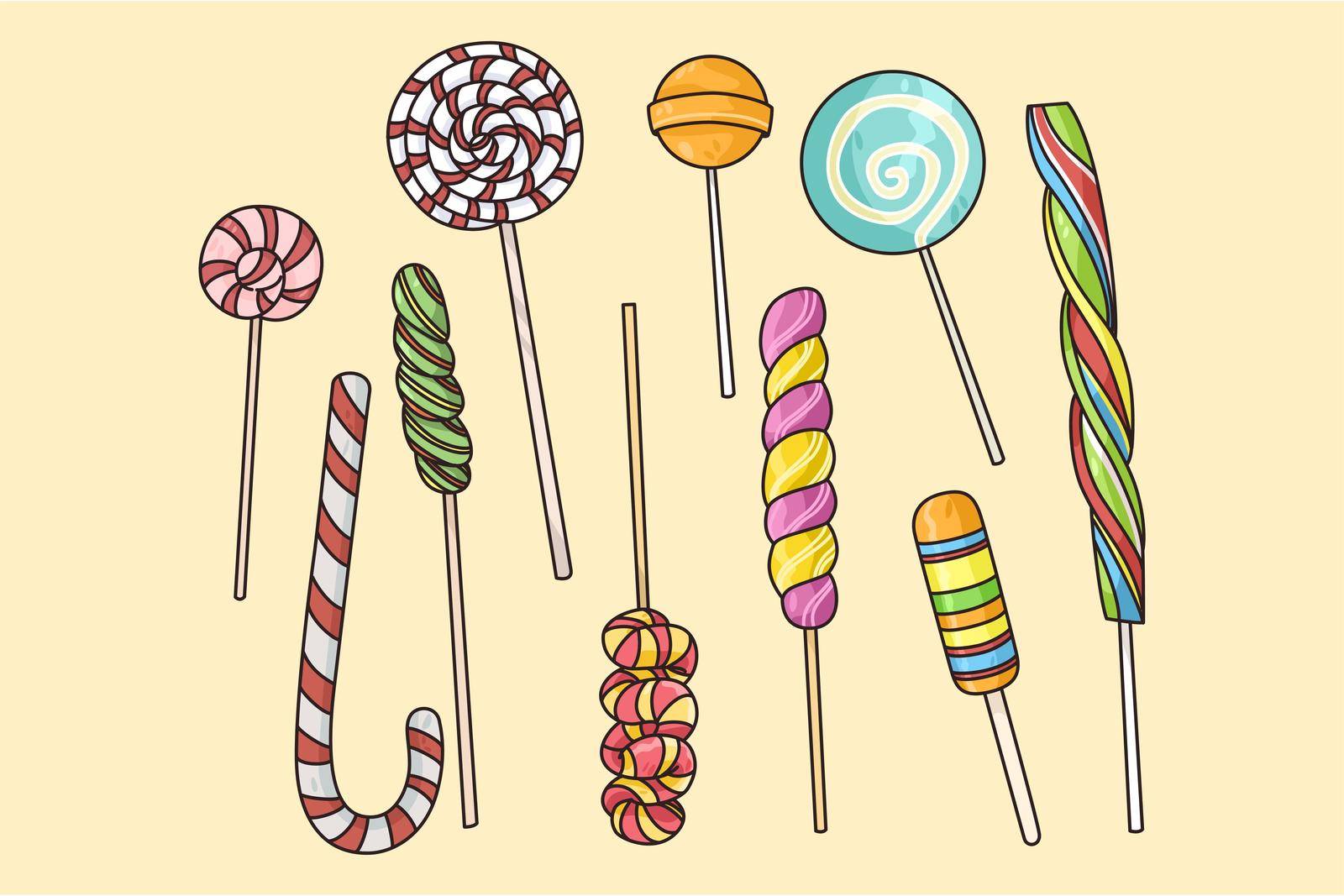 Set of different shapes and sizes caramel on stick. Collection of sugar candies or lollipops. Candy shop or store advertising. Sweet box or bar. Flat vector illustration.