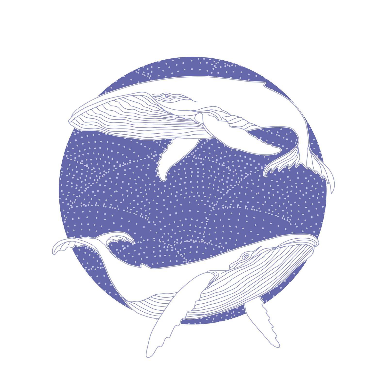 A pair of humpback whales on the waves emblem in very peri color