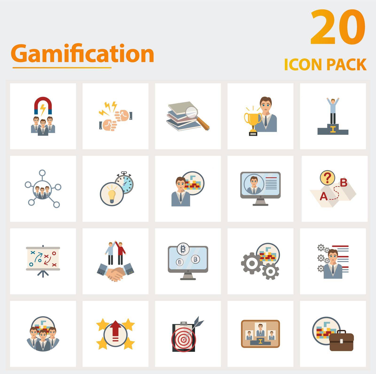 Gamification icon set. Collection of simple elements such as the user engagement, challenge, learning, game thinking, avatar, strategy, reward and other icons.