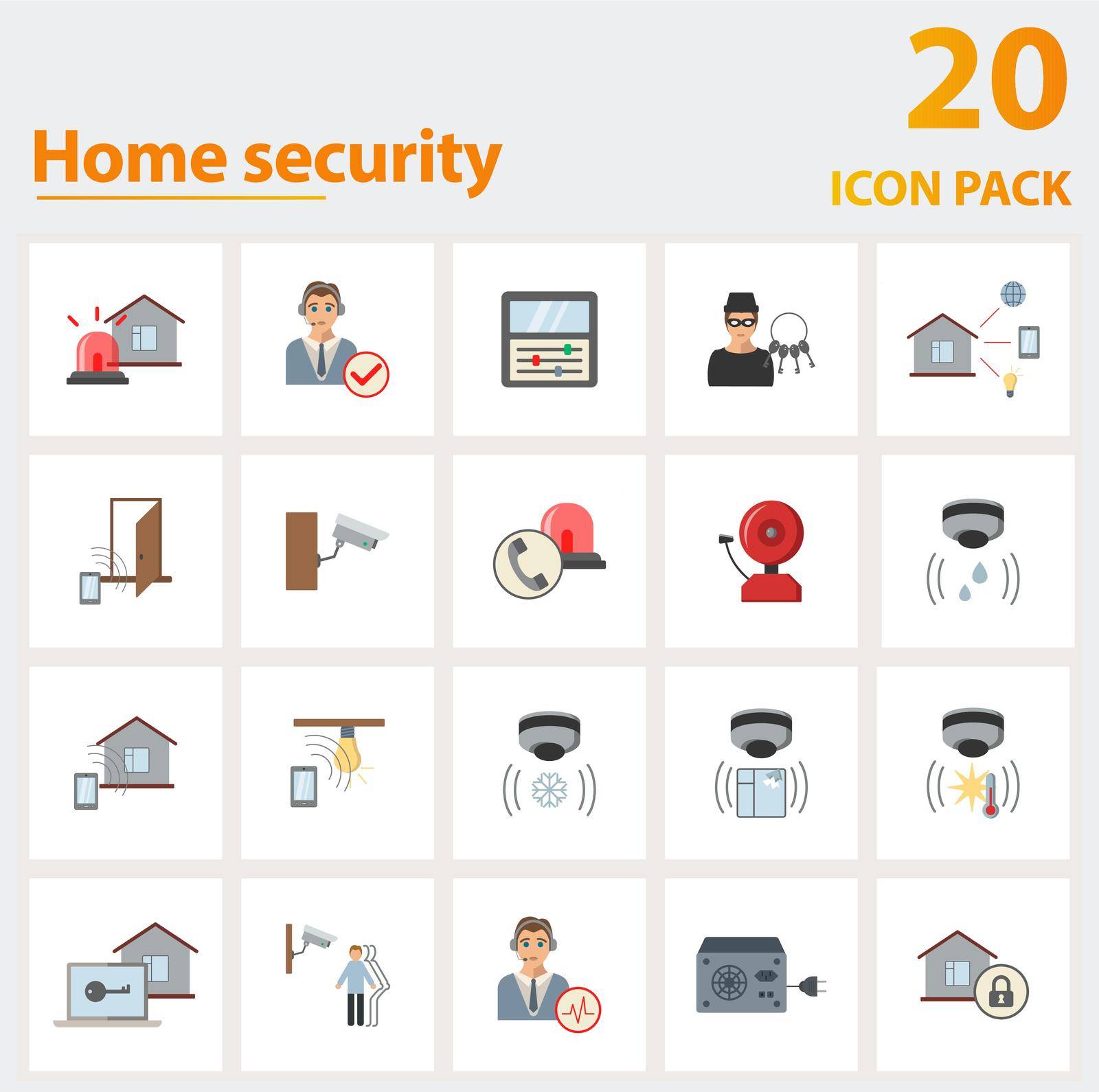 Home Security icon set. Collection of simple elements such as the alarm system, call verification, control panel, emergency call, fire alarm, home automation, burglar and other icons.