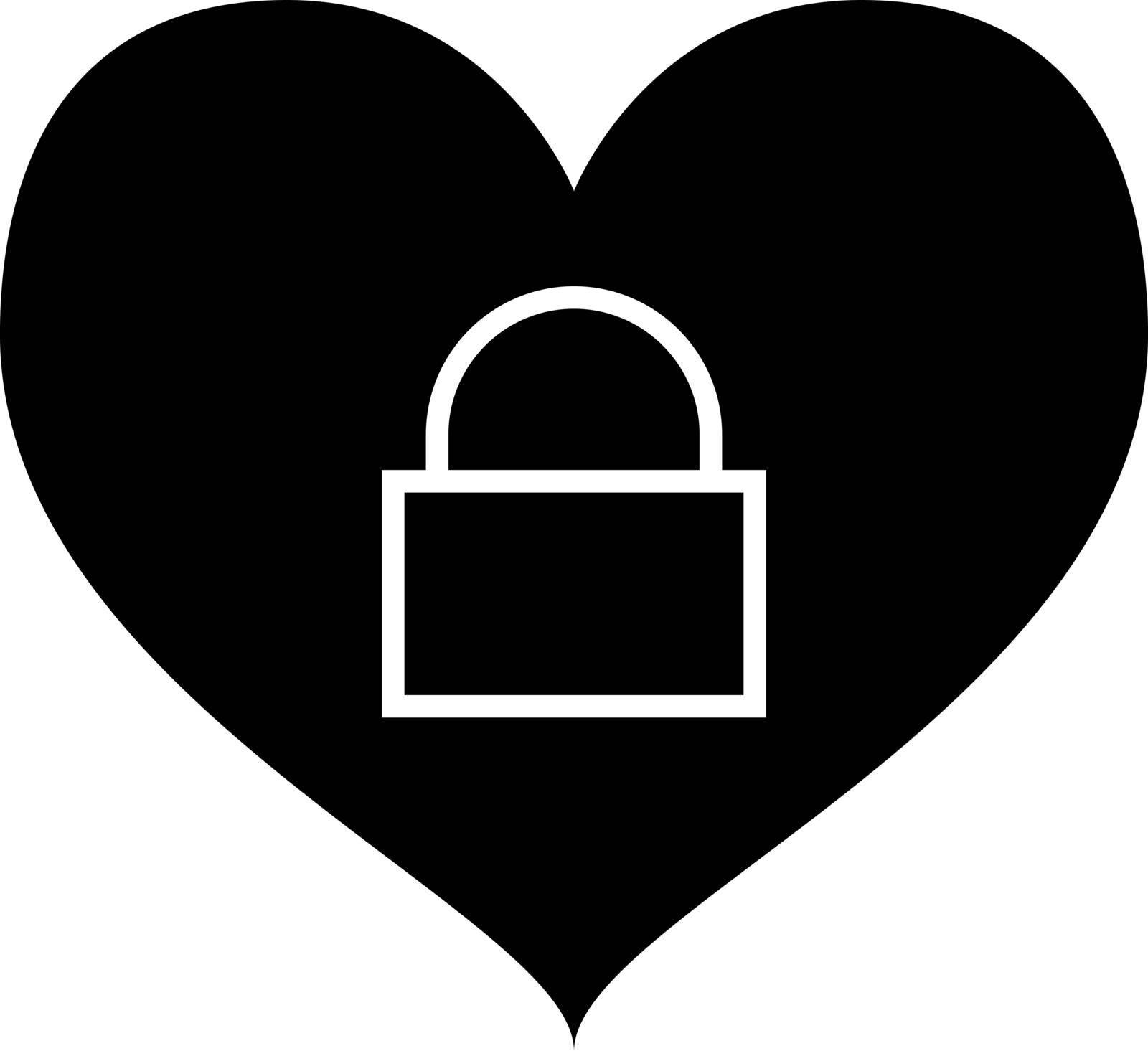This vector image shows a locked heart in glyph icon design. It is isolated on a white background.