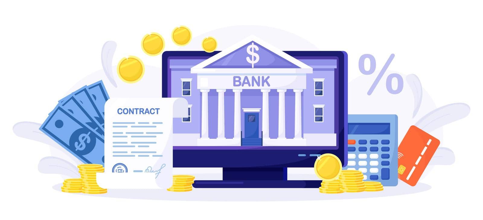Mobile banking and internet payment. Online bank agreement. Loan contract. Financial building on computer screen. Banking Operation. Financial transactions, payments, money transfers and bank account