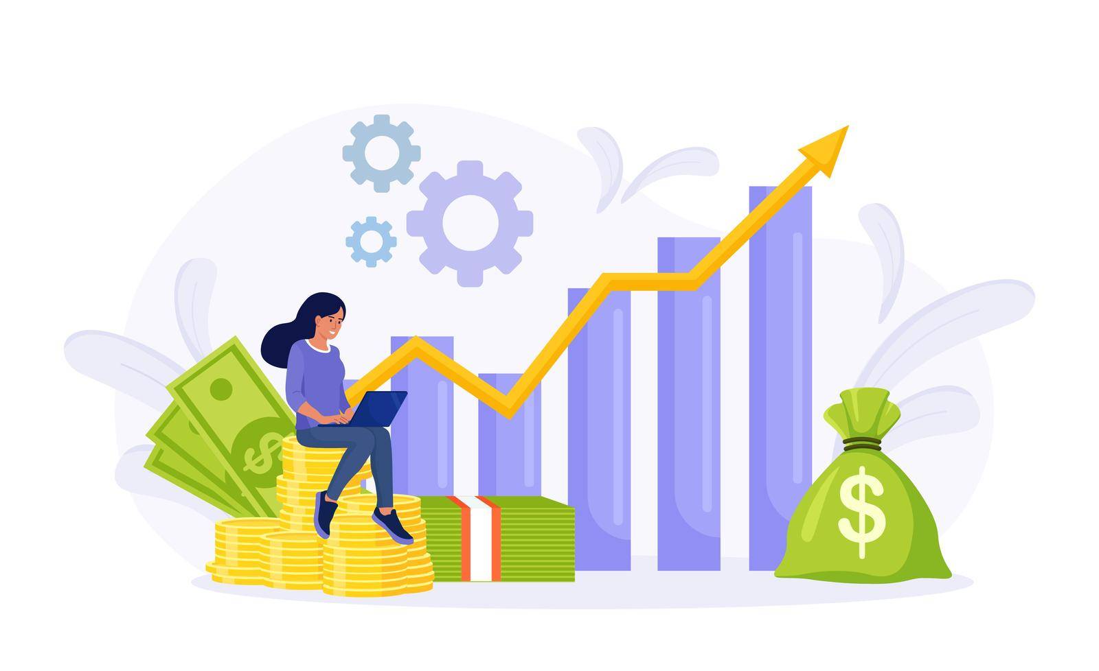 Investment and Analysis Money Profits. Investor sitting on stack of coins. Employee Making Investing Plans, Calculating Benefits on Laptop. Profitable investment, funding Financial consulting, savings by TanushkaBu