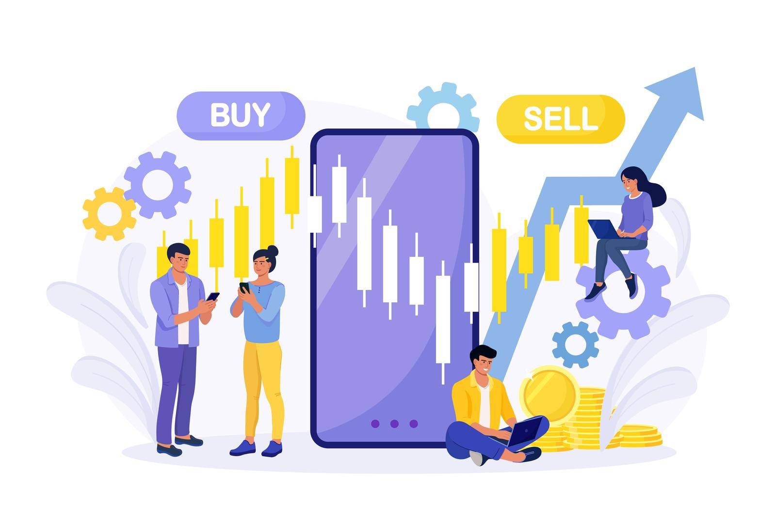 Tiny people stock traders buy and sell shares with mobile phone app. Technical analysis candlestick chart. Global stock market index, trade exchange. Forex trading strategy. Investing in Stocks by TanushkaBu