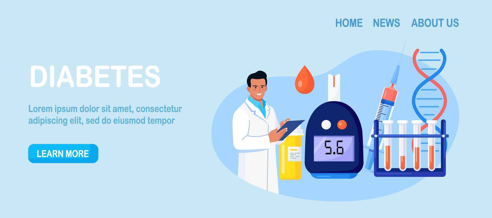 Doctor testing blood for sugar and glucose, using  glucometer for hypoglycemia or diabetes diagnosis. Physician with laboratory test equipment, syringe and vial, insulin by TanushkaBu