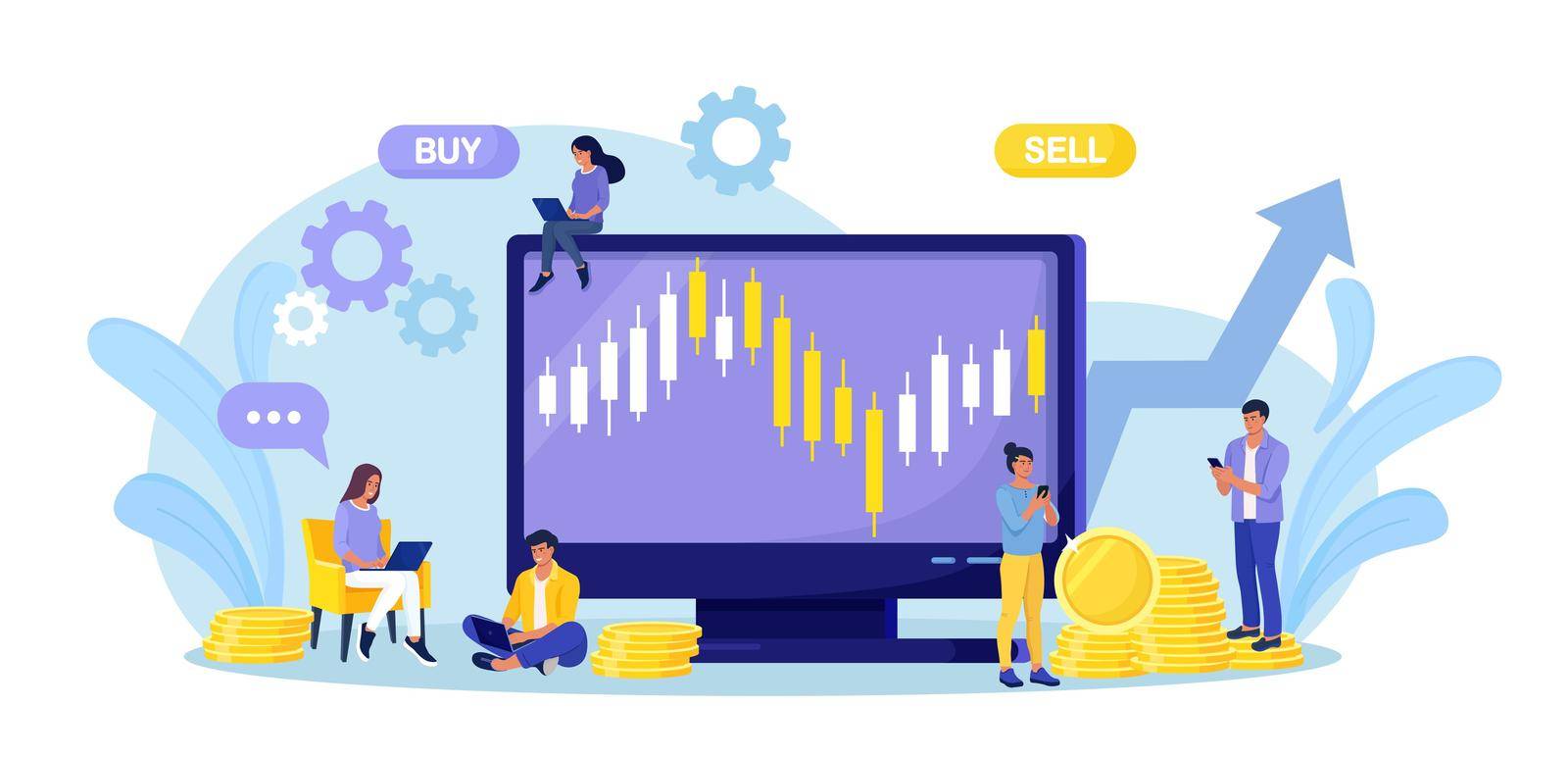 Tiny people stock traders buy and sell shares at computer. Technical analysis candlestick chart. Global stock market index, trade exchange. Forex trading strategy. Investing in Stocks