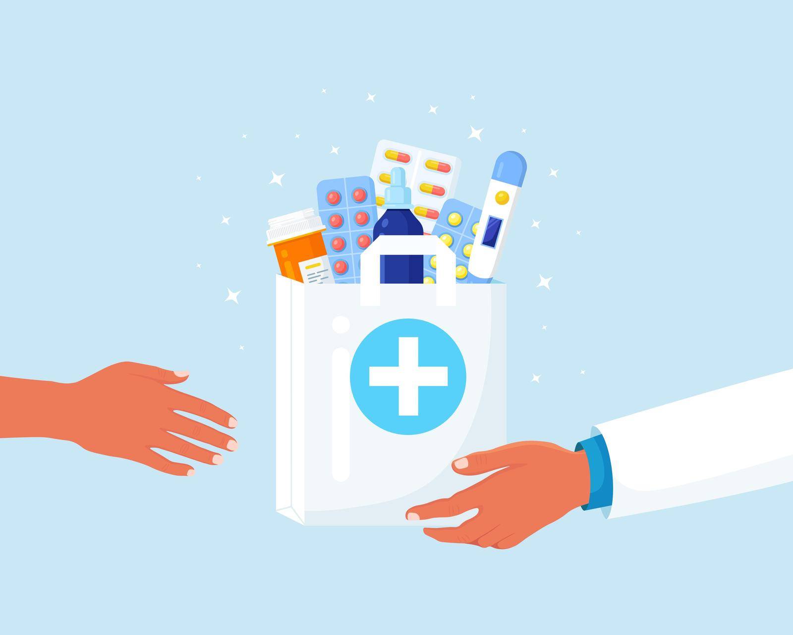 Courier hands in disposable gloves hold paper bag with pills bottle, medicines, drugs, thermometer inside. Pharmacist give purchase to customer. Home delivery pharmacy service