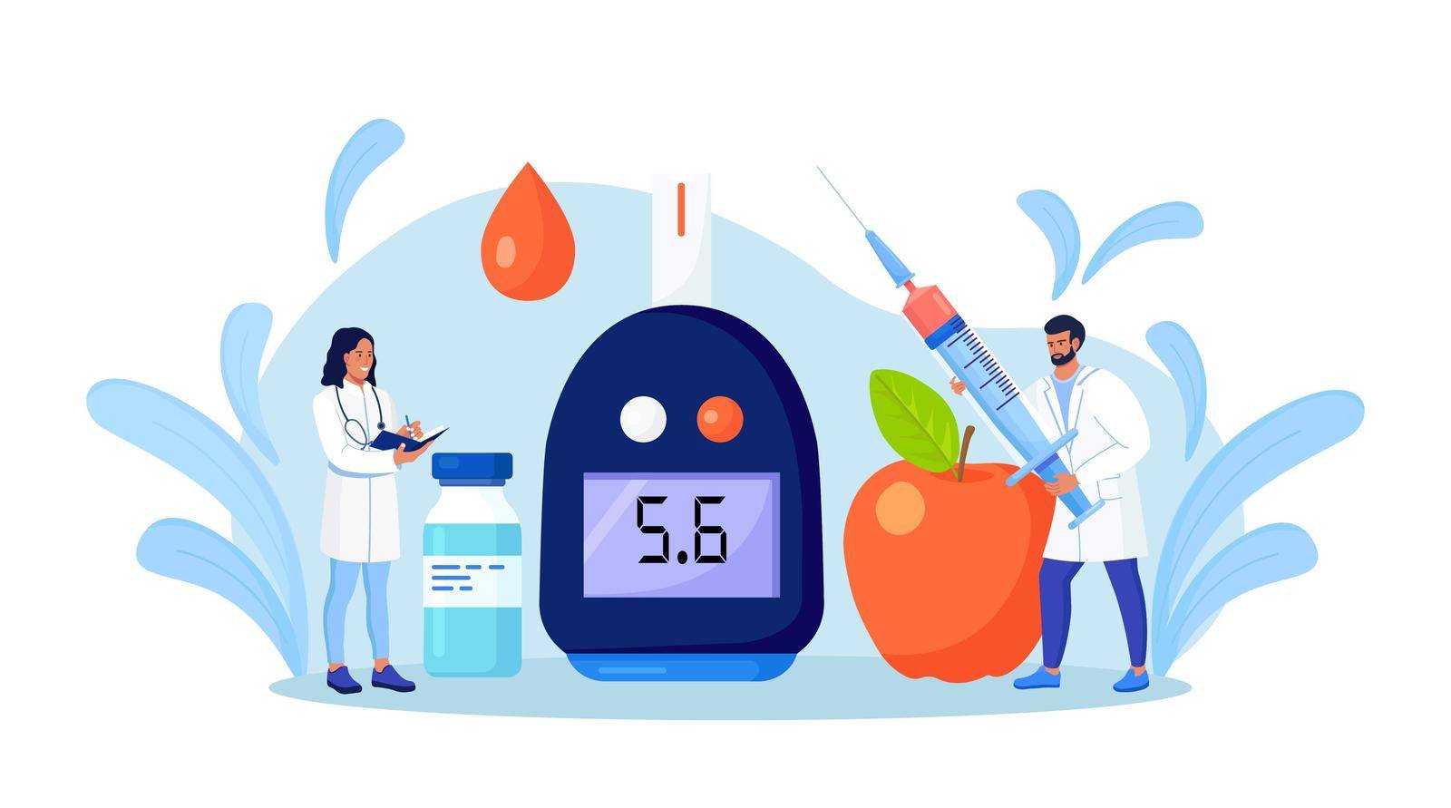 Doctors testing blood for glucose, using glucometer for hypoglycemia or diabetes diagnosis. Laboratory equipment and syringe. Physician measuring sugar level