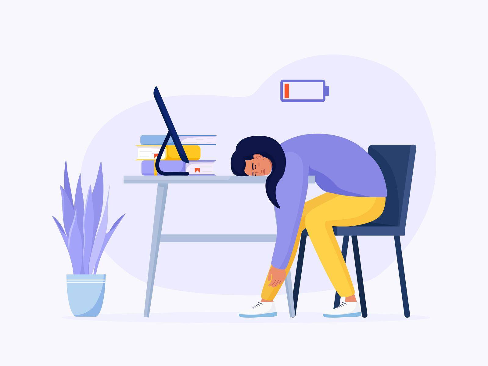 Professional burnout syndrome of exhausted girl. Tired female worker sitting at her workplace in office and low vital power or battery charge indicator. Long working day. Mental health problem, stress by TanushkaBu