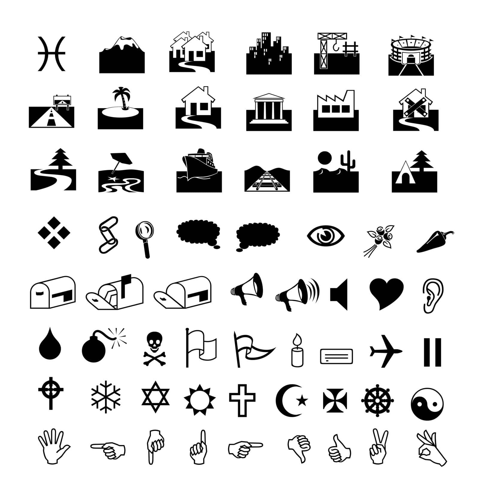 Black icons combine different types common on white background.