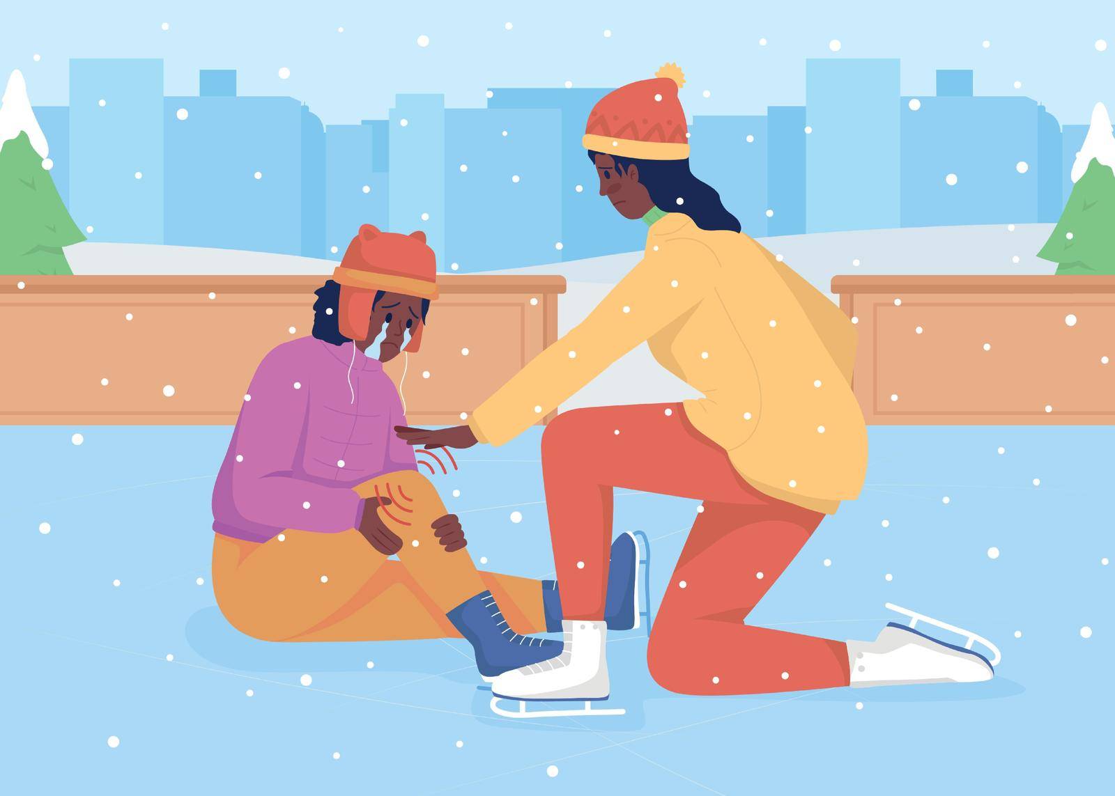 Falling on ice rink flat color vector illustration. Winter accident. Injured kid. Everyday situation. Daily life. Mother with kid 2D cartoon characters with winter cityscape on background