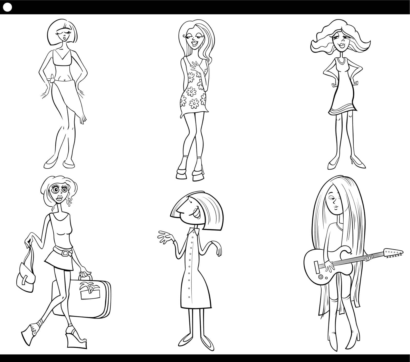Black and white cartoon illustration of funny women characters set coloring book page