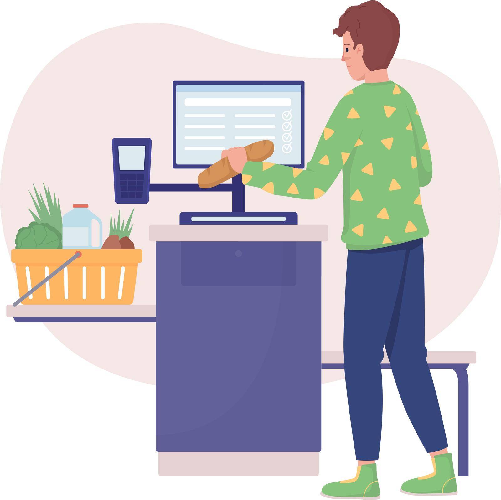Scanner food in shop 2D vector isolated illustration. Man buying groceries at self checkout flat characters on cartoon background. Everyday situation and common tasks colourful scene