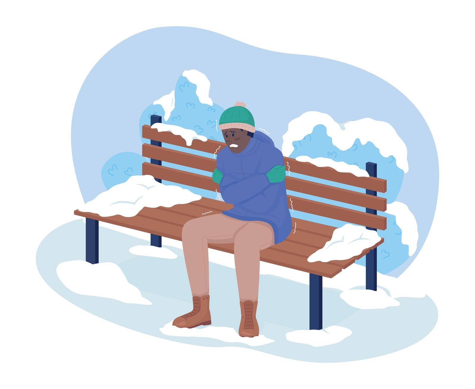 Freezing from cold in park 2D vector isolated illustration. Man shaking sitting on bench in park flat characters on cartoon background. Everyday situation and daily life colourful scene