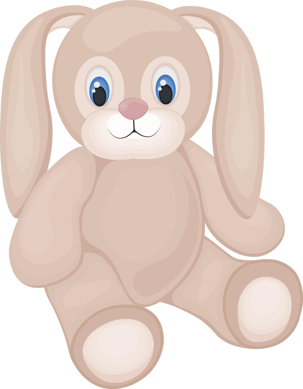 Cute bunny toy. A smiling stuffed rabbit is sitting on the floor. A stuffed rabbit. Vector illustration isolated on a white background.