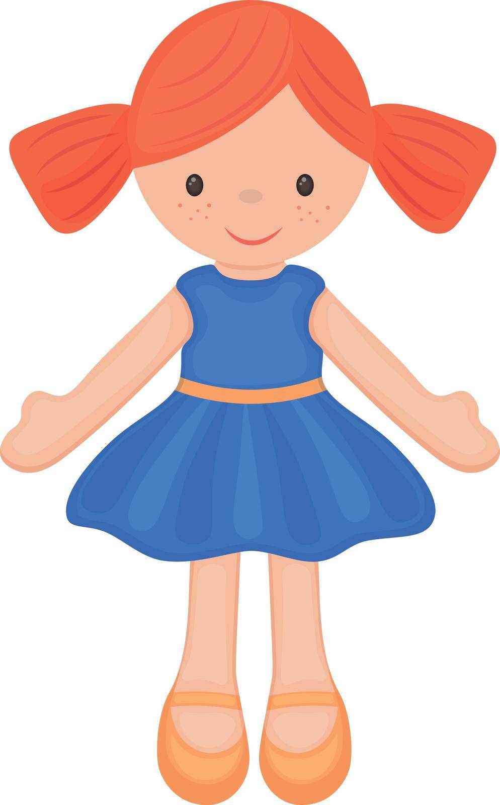 Doll. Cute children s toy with red hair. A doll in a beautiful dress. Vector illustration isolated on a white background.