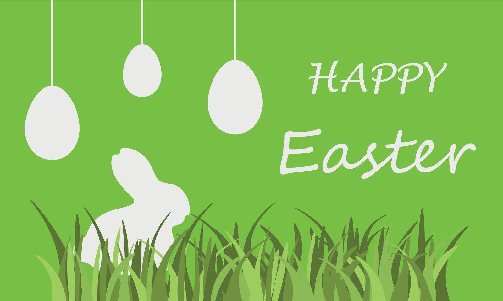 Happy Easter. Greeting card with a silhouette of an Easter bunny and Easter eggs on a green background. Easter bunny in the grass. Vector illustration by NastyaN