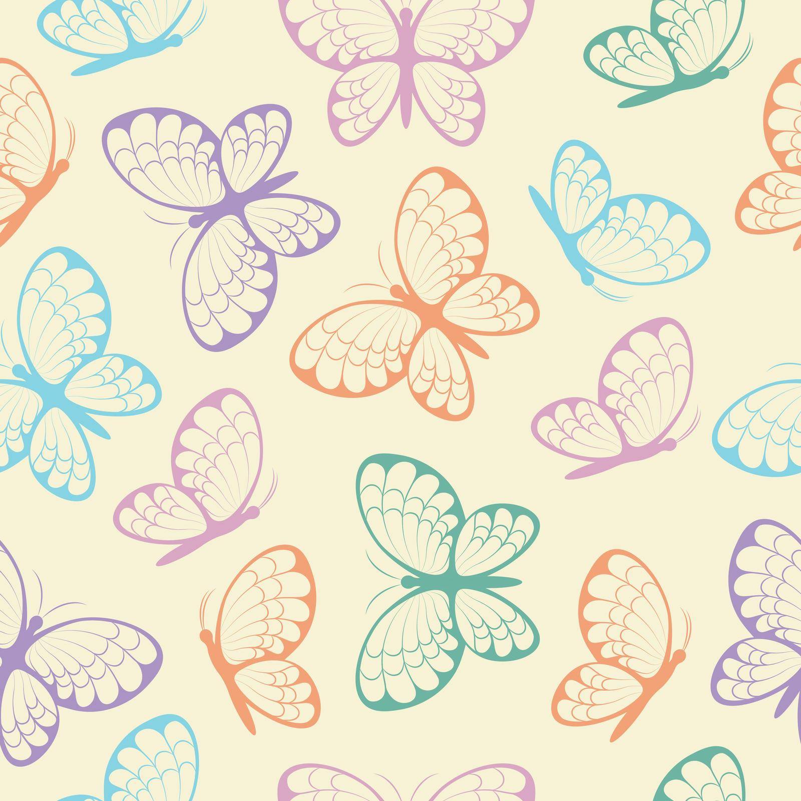 Seamless pattern with butterflies. A bright pattern with the image of multicolored butterflies, on a beige background. Pattern with butterflies, for print and gift wrapping. Vector by NastyaN