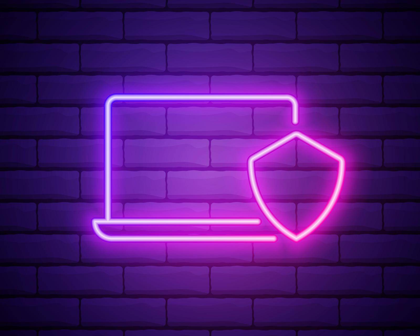 Glowing neon Laptop protected with shield icon isolated on brick wall background. PC security, firewall technology, privacy safety. Vector.
