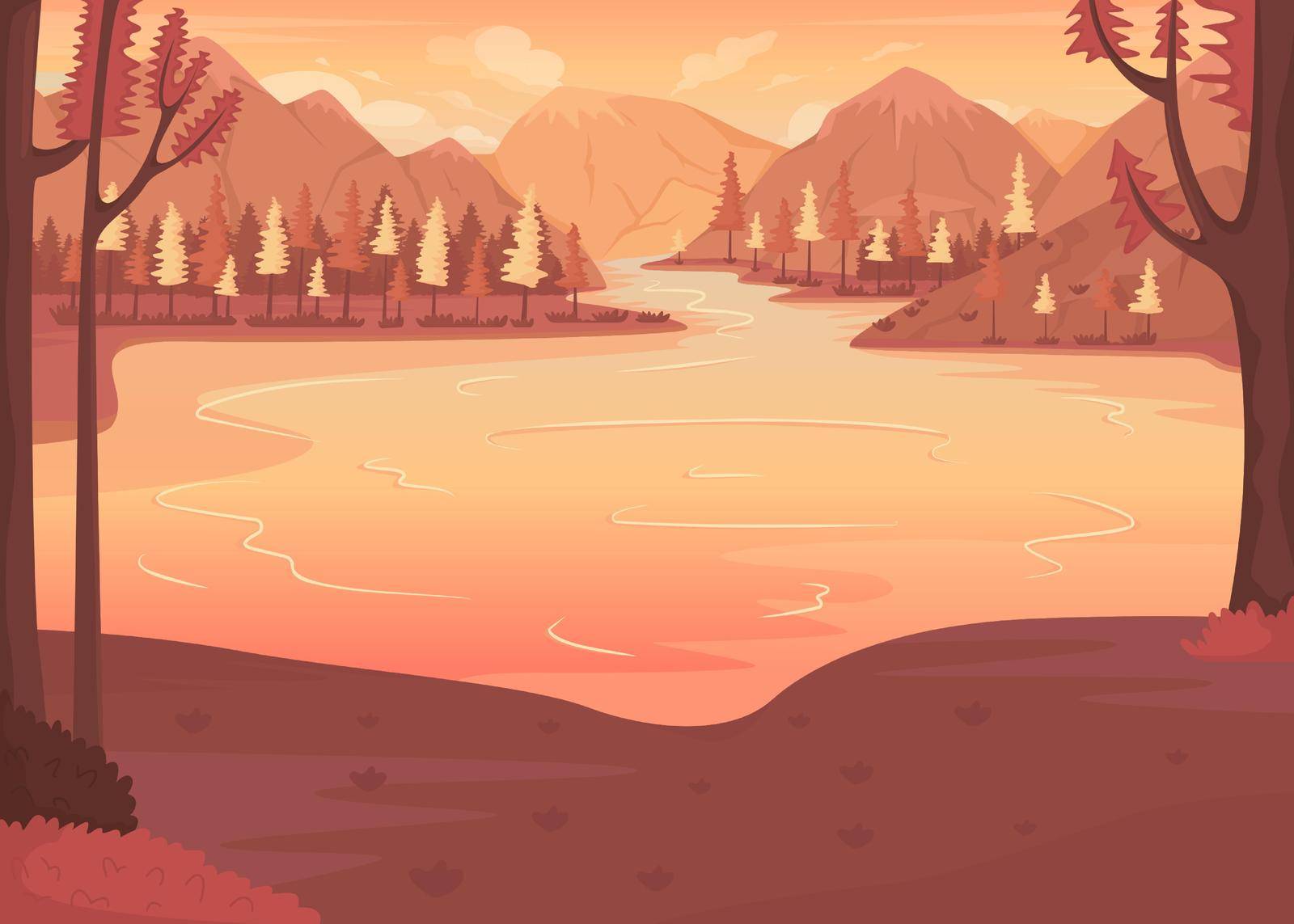 Scenic place for camping flat color vector illustration. National park. Lakefront living. Relaxing with mountains and lake scenery 2D simple cartoon landscape with sunset on background