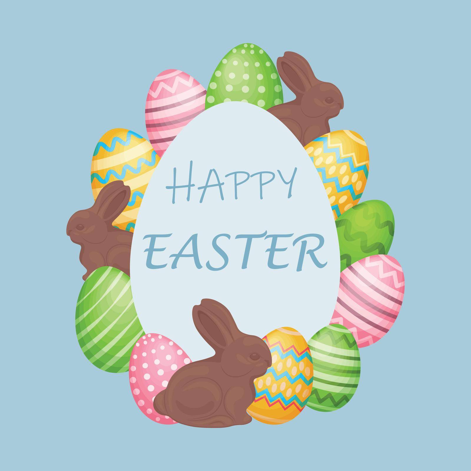 Happy Easter. Greeting card with an image of an Easter bunny and colored Easter eggs on a blue background. Vector illustration.