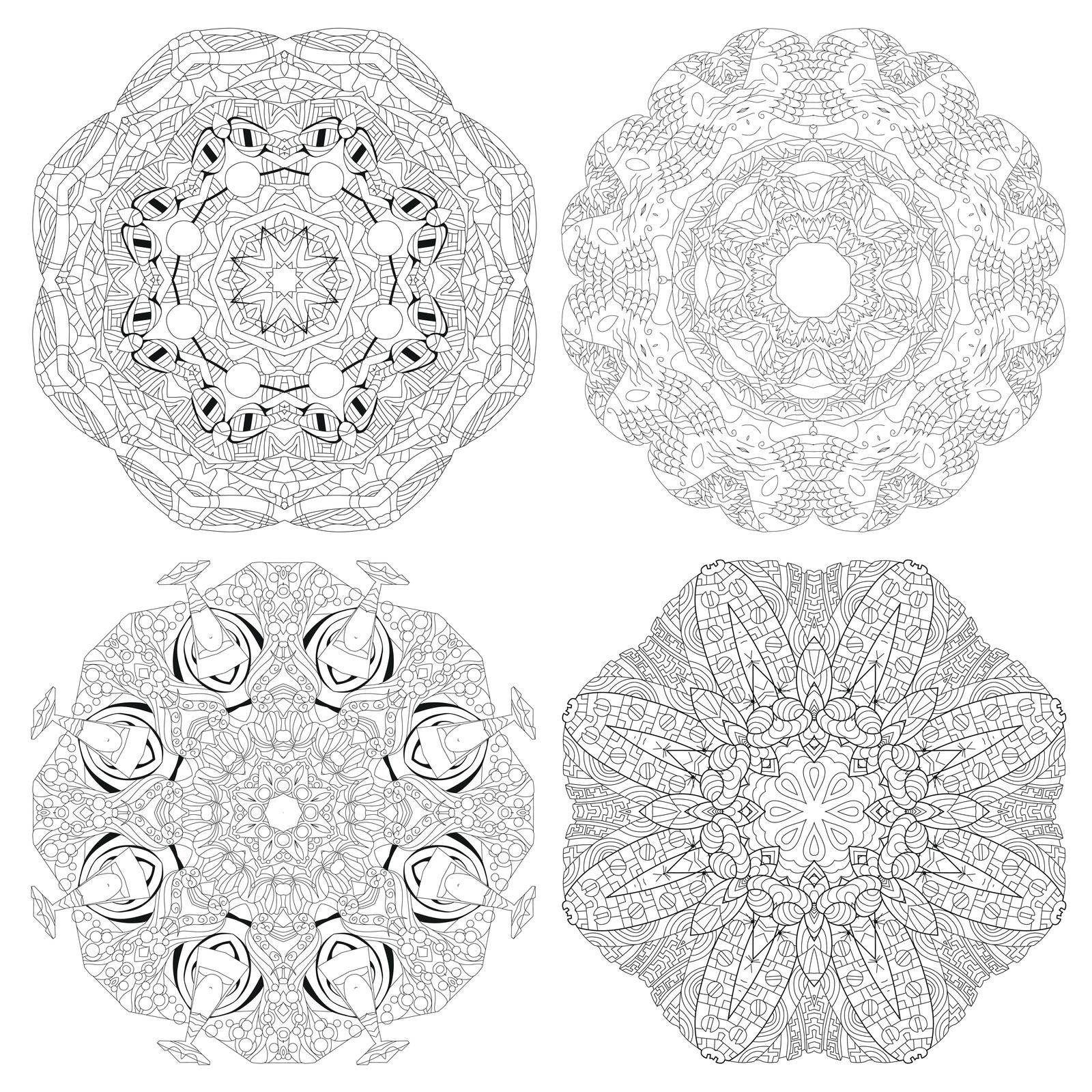 Vector Adult Coloring Book Textures. Hand-painted art design. Adult anti-stress coloring page. Black and white hand drawn illustration set of 4 mandalas for coloring book.