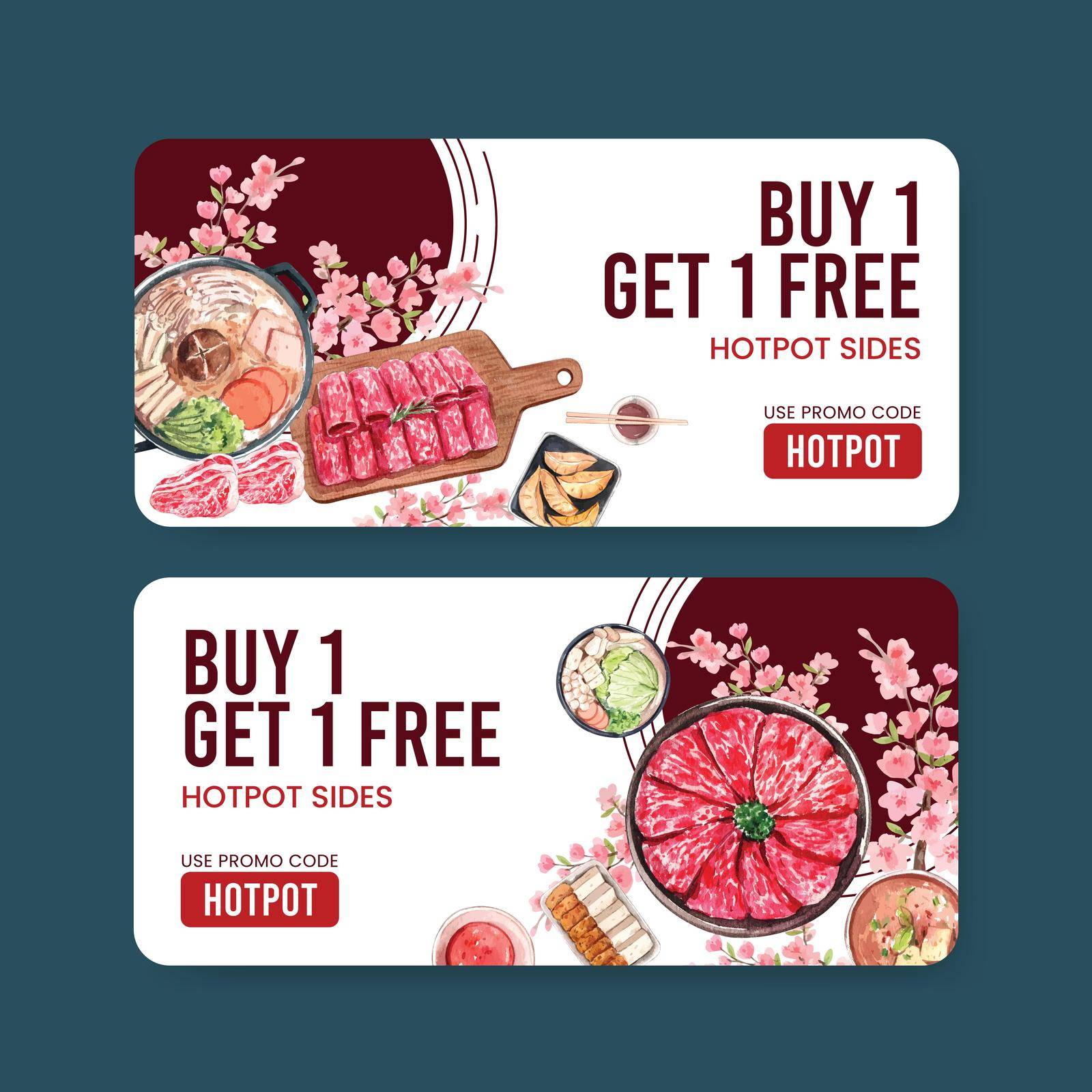 Voucher template with Chinese hotpot concept,watercolor by Photographeeasia