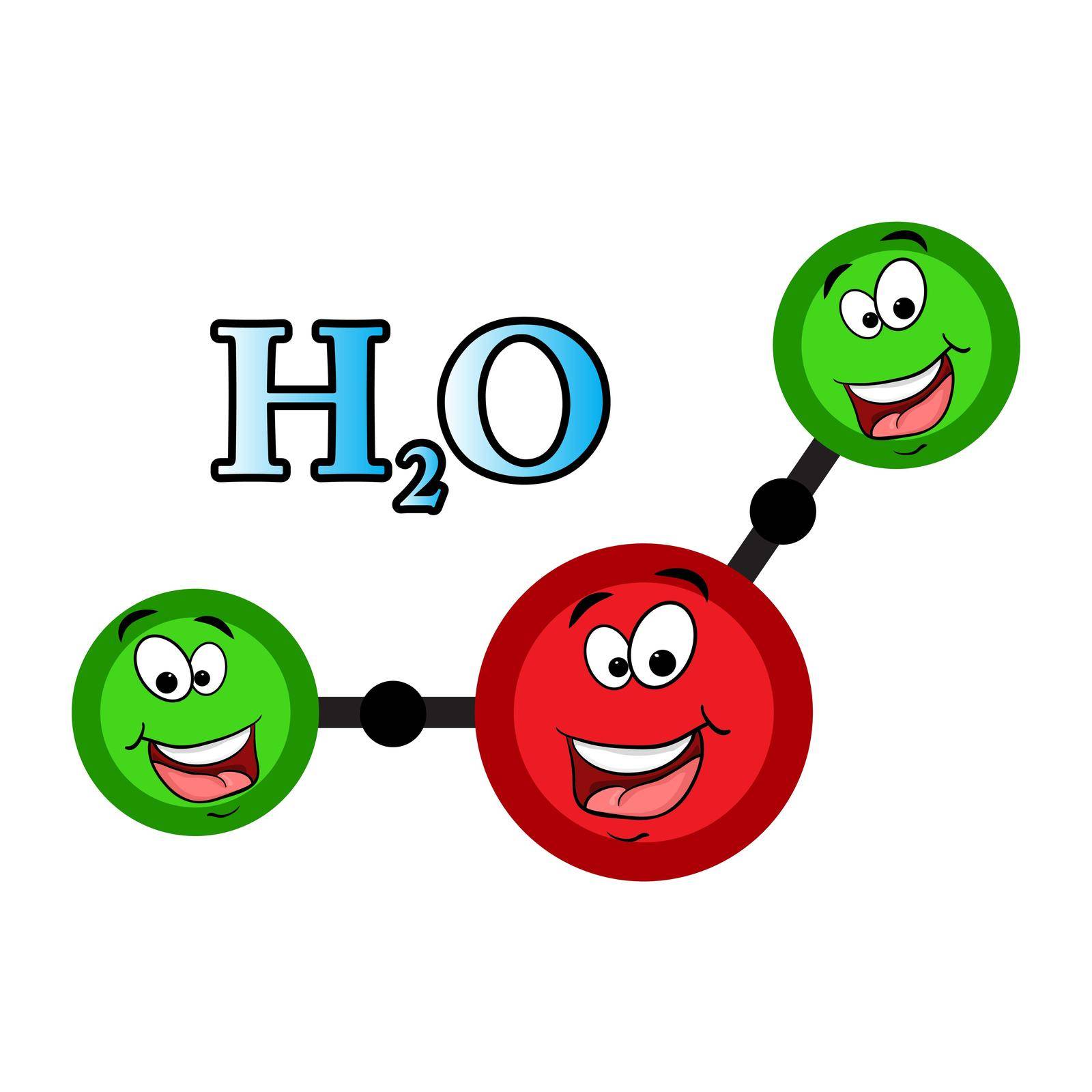 h2o character water molecule structure. Liquid aqua atom formula with eyes and smile. Vector illustration isolated on white background.