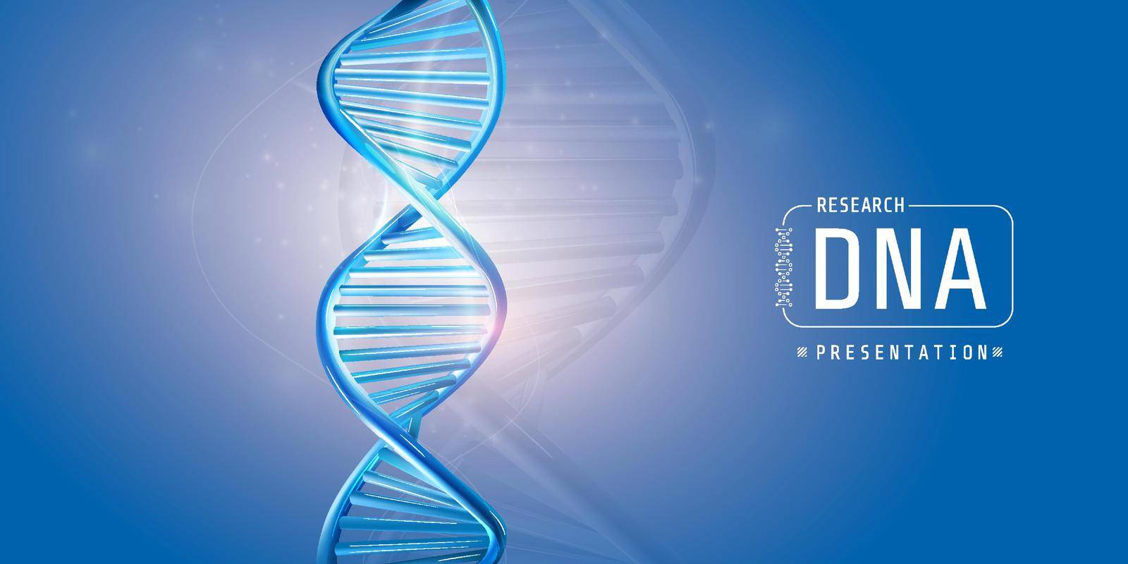 Vertical model of DNA with abstract presentation title on a blue background. Vector illustration.