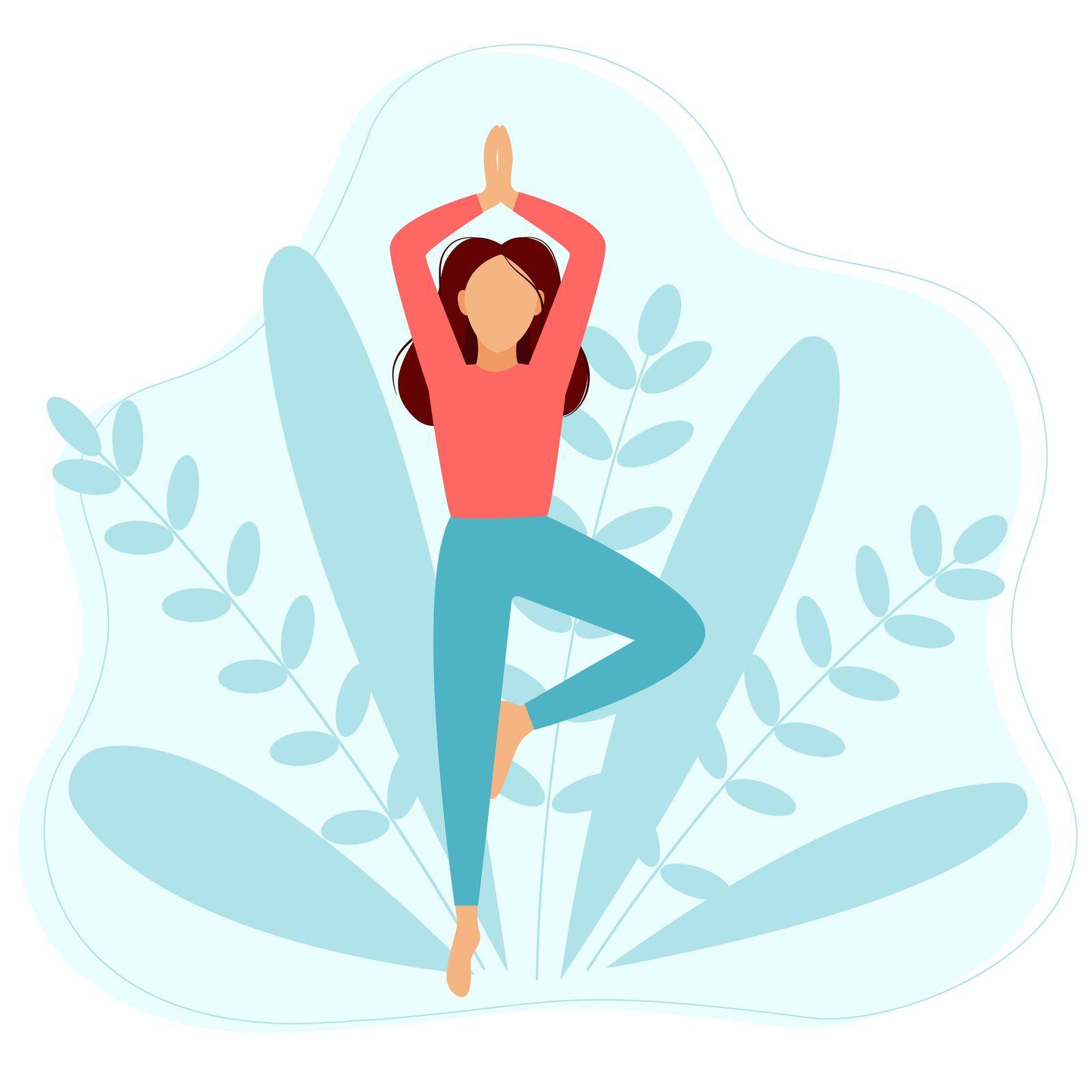 Adult beautiful girl stands in balance pose. Woman doing yoga concept. Young lady relaxing, love and care for yourself vector illustration