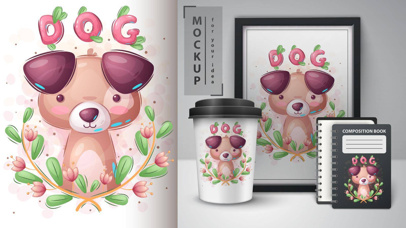 Dog in flower poster and merchandising. Vectoreps 10