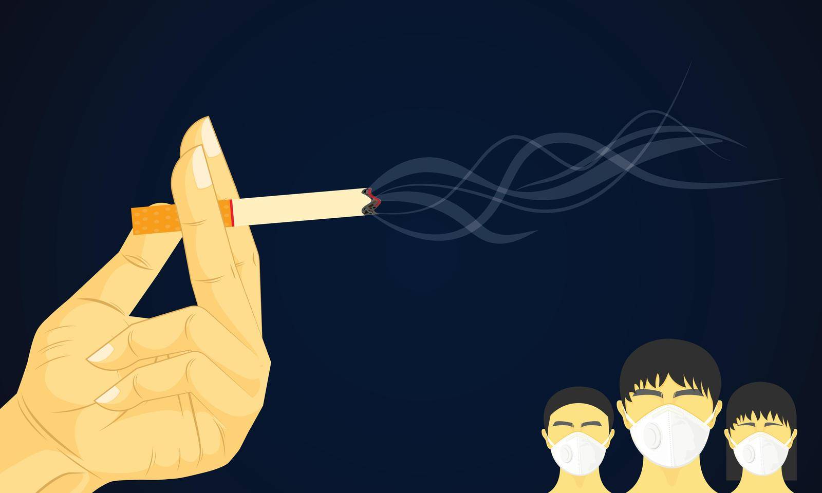 hand holding cigarette smoke floating in the air. dangerous to health kid other people. vector illustration eps10